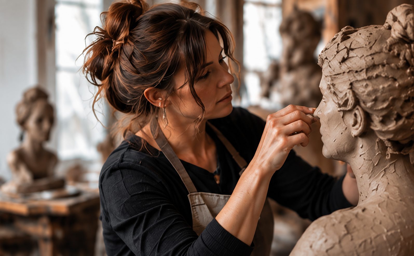 Marianne Spitz boetseert in haar atelier aan het gezicht van een kleibeeld