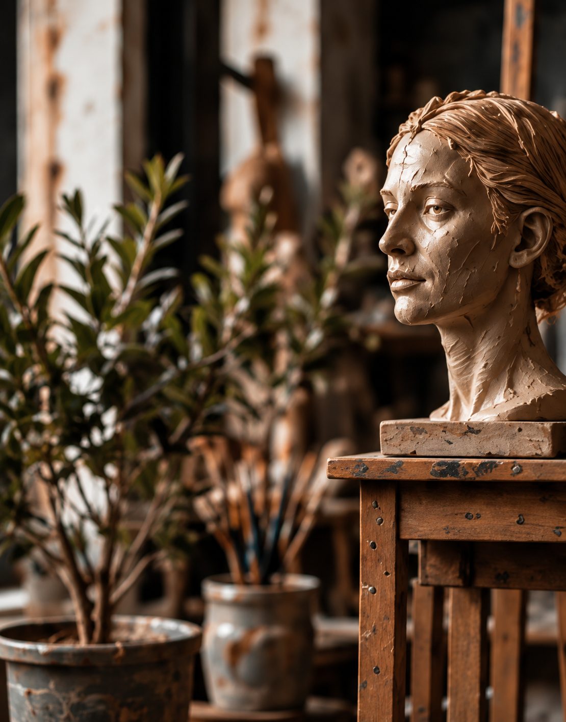 Kleibeeld van een vrouwenhoofd op een houten sokkel naast planten in het atelier