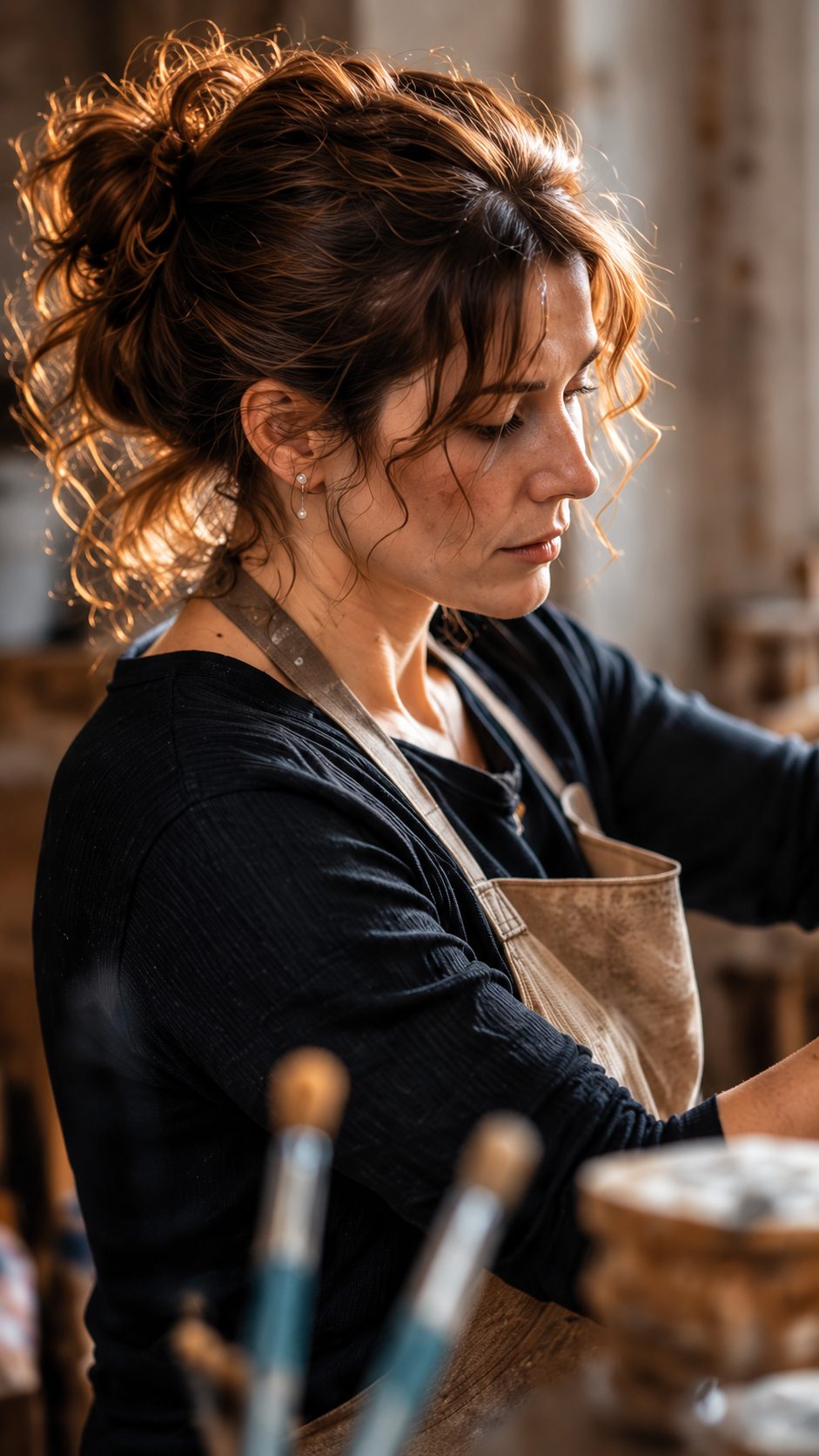 Marianne Spitz aan het werk in haar atelier, in schort