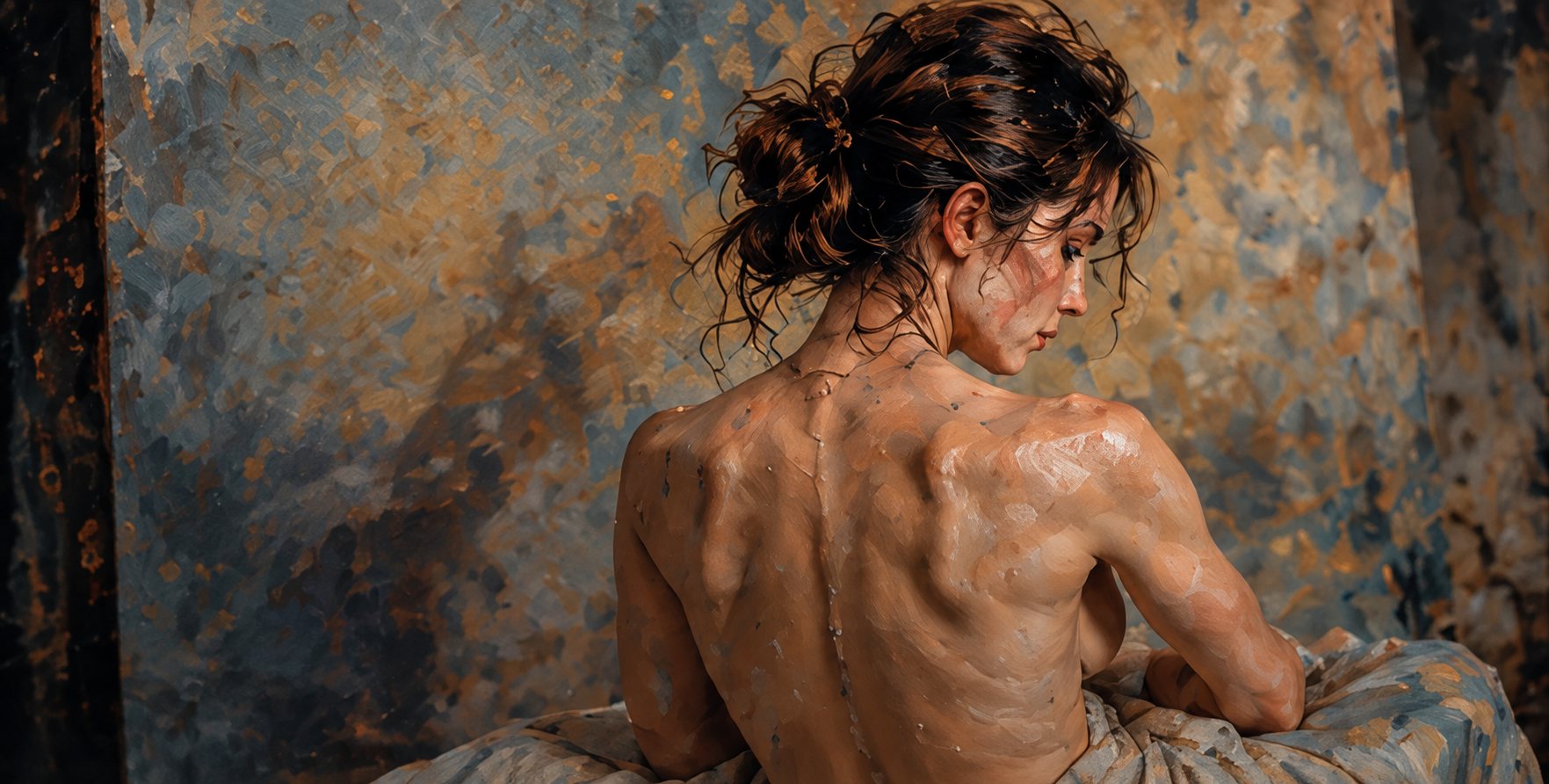 Schilderij van een vrouw op de rug gezien, zittend op een doek
